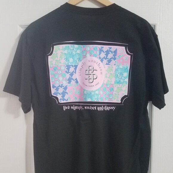Simply Southern Tops - Black with Pastel Patchwork Turtle Swarm Logo Shirt Simply Southern NWT